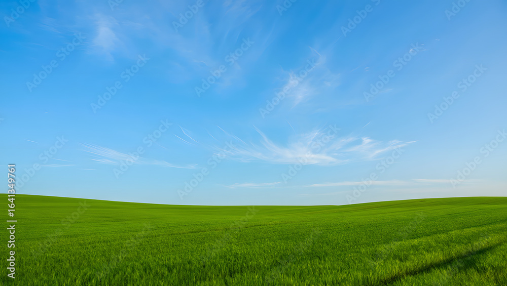 Fototapeta premium Lush green meadow under a clear blue sky, a tranquil summer landscape