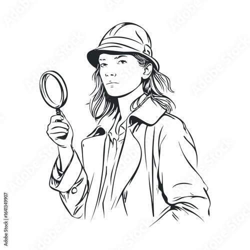 Detective concept with female investigator and magnifying glass