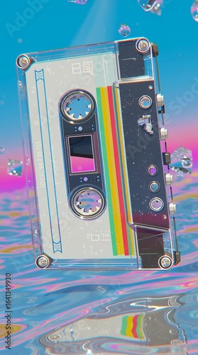Transparent cassette tape floats in vibrant vaporwave environment filled with colorful reflections and bubbles