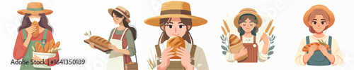 vector character of woman farmer eating bread