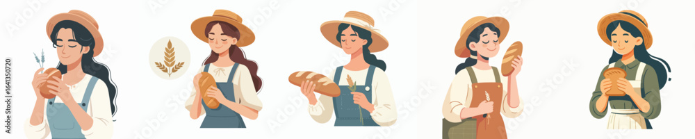 vector character of woman farmer eating bread vector character of woman farmer eating bread