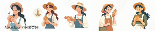 vector character of woman farmer eating bread