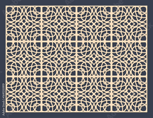 Intricate geometric pattern with repeating circular and diamond shapes, laser cut design element vector