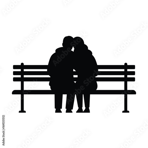 Silhouette of an elderly couple sitting closely together on a park bench, isolated on white background, symbolizing enduring love and companionship