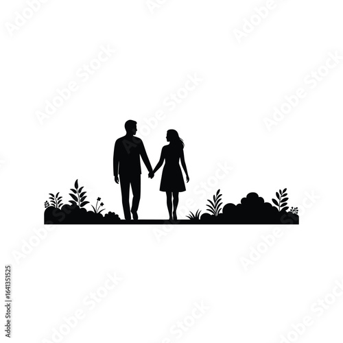 Silhouette of a couple holding hands and walking together in nature, isolated on white background, representing love and shared journey