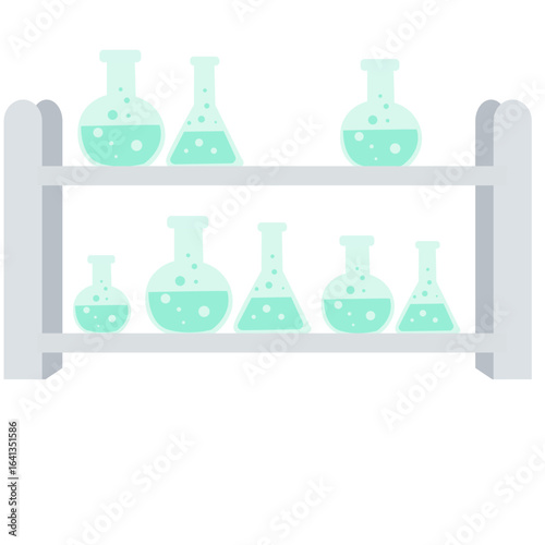 White shelf with multiple laboratory glass flasks and beakers in light green color, used for science experiments and school labs.