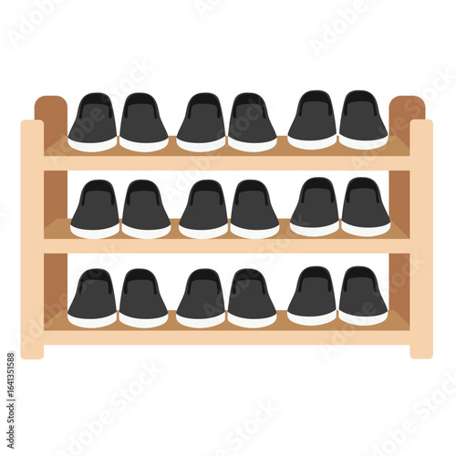 Wooden shoe rack with three levels, neatly arranged with multiple pairs of black shoes, suitable for school or home entryways.