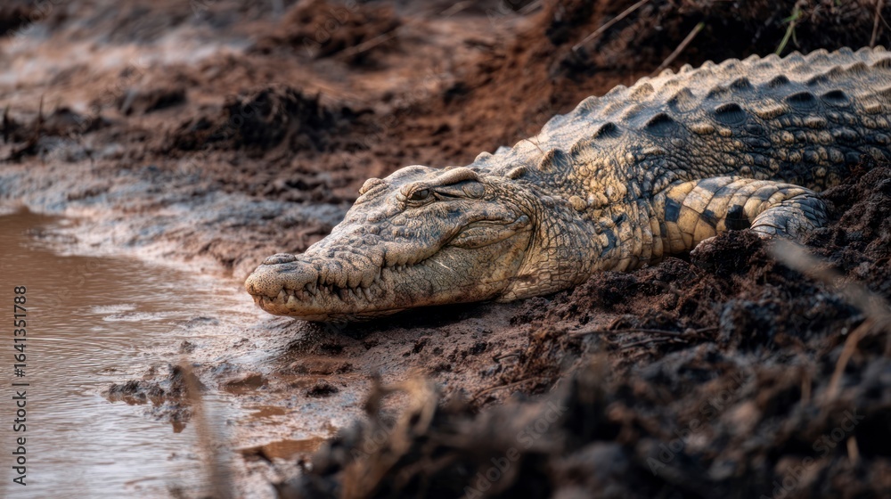 Obraz premium Crocodile resting on muddy bank