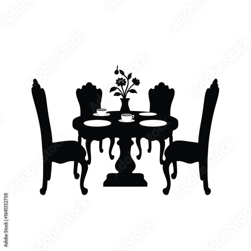 Black silhouette of dining table with chairs and floral centerpiece 1