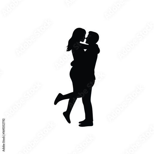 Silhouette of a couple embracing and kissing, with the man lifting the woman, symbolizing passionate love and romance, isolated on a white background