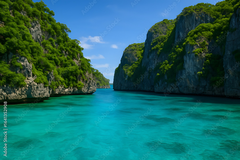 Obraz premium Turquoise Cove: A stunning turquoise cove unfolds beneath a bright blue sky, inviting travelers to experience a serene paradise. A visual feast of natural beauty awaits.