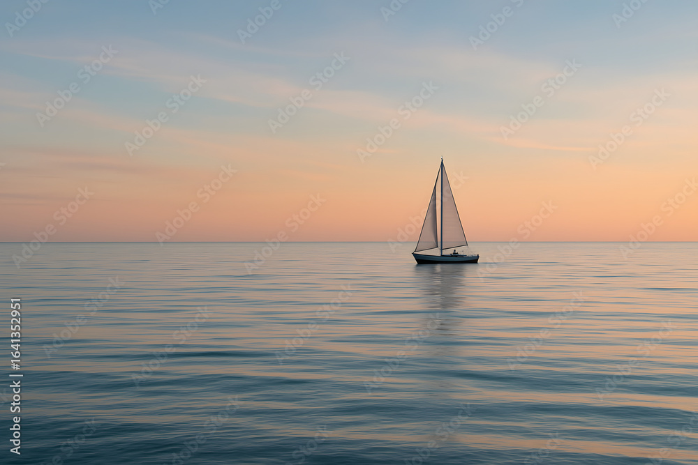 Naklejka premium Serene Sailboat at Dawn: A solitary sailboat gracefully glides on the tranquil waters of a calm sea under a serene sky painted with soft hues of dawn.