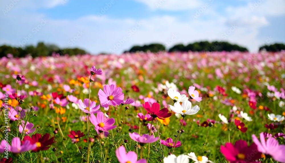 A colorful field of cosmos flowers under a clear sky. A colorful field of cosmos flowers under a clear sky.