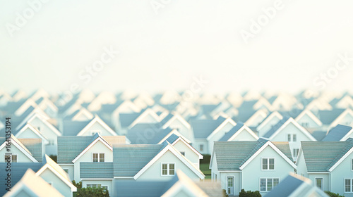 A vast array of identical houses in a suburban neighborhood, with a clear blue sky in the background.