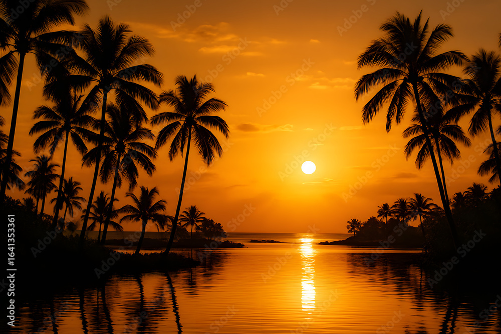 Obraz premium Golden Sunset Paradise: The sun dips below the horizon in a stunning display of color, casting a warm glow over the serene ocean and silhouette of palm trees on a tropical beach.