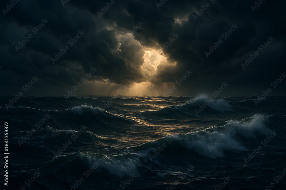 Fototapeta premium Ocean's Fury: A dramatic seascape showcases turbulent waters under a dark, stormy sky, with a glimpse of ethereal light piercing through the clouds, conveying power and raw natural beauty.