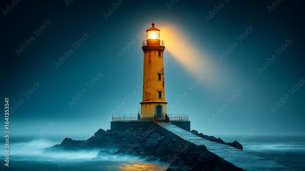 Lighthouse emitting light beam at twilight over ocean waves Lighthouse emitting light beam at twilight over ocean waves