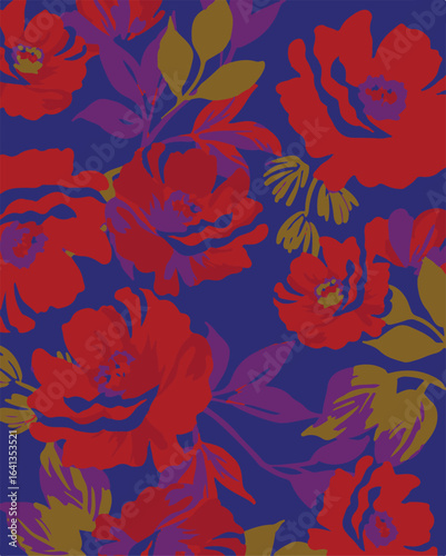 Big flowers pattern, upscale floral pattern. graphical textures floral, trendy colors pattern , flowers background with leaves. vector illustration.