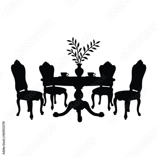 Black silhouette of dining table with chairs and vase 1