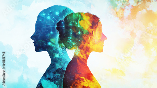 Two silhouetted human profiles with colorful, abstract patterns on their faces and shoulders. The profiles are set against a gradient background with a mix of blue, orange, and yellow hues.
