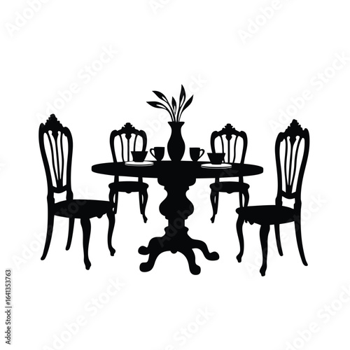 Black silhouette of dining table with chairs and vase 2