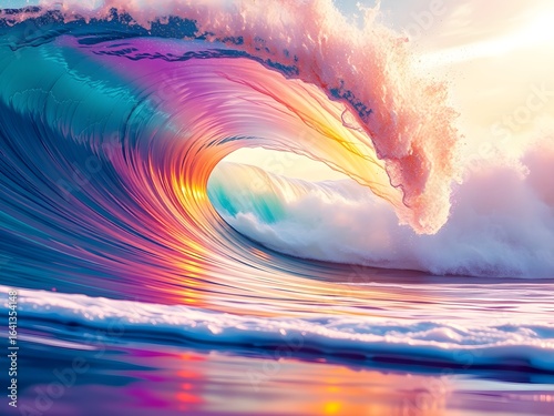 Ultra-HD Colorful Wave Crashing on Serene Beach with Vibrant Turquoise, Pink, Purple, Orange, and Gold – Dreamy Seaside Scene (AI Generated)