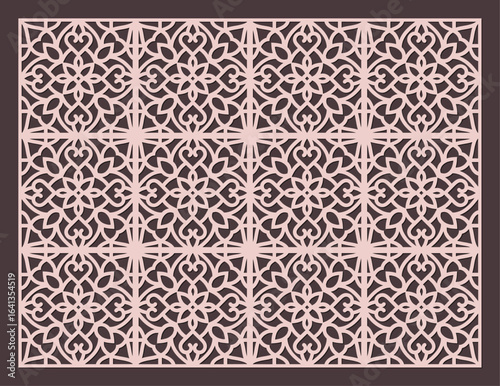 Seamless decorative pattern for laser cutting or cnc routing with intricate geometric floral motif in light pink color vector