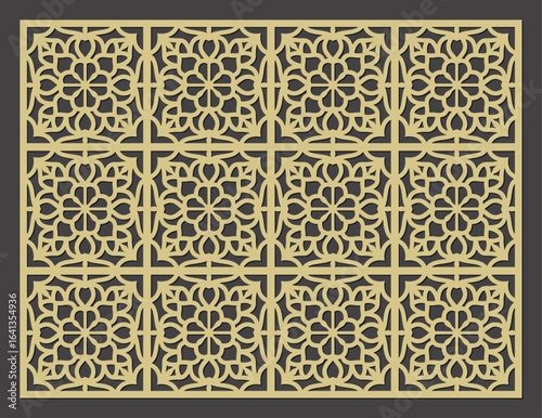 Geometric floral pattern laser cut screen panel with intricate repeating motifs and decorative lattice design vector