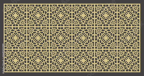 Geometric laser cut panel with intricate repeating pattern in gold color on dark background vector