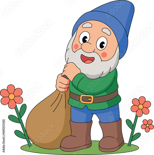Cartoon gnome on grass, blue hat, green shirt, brown boots, white beard, holding sack, red flowers, whimsical design, storytelling illustration