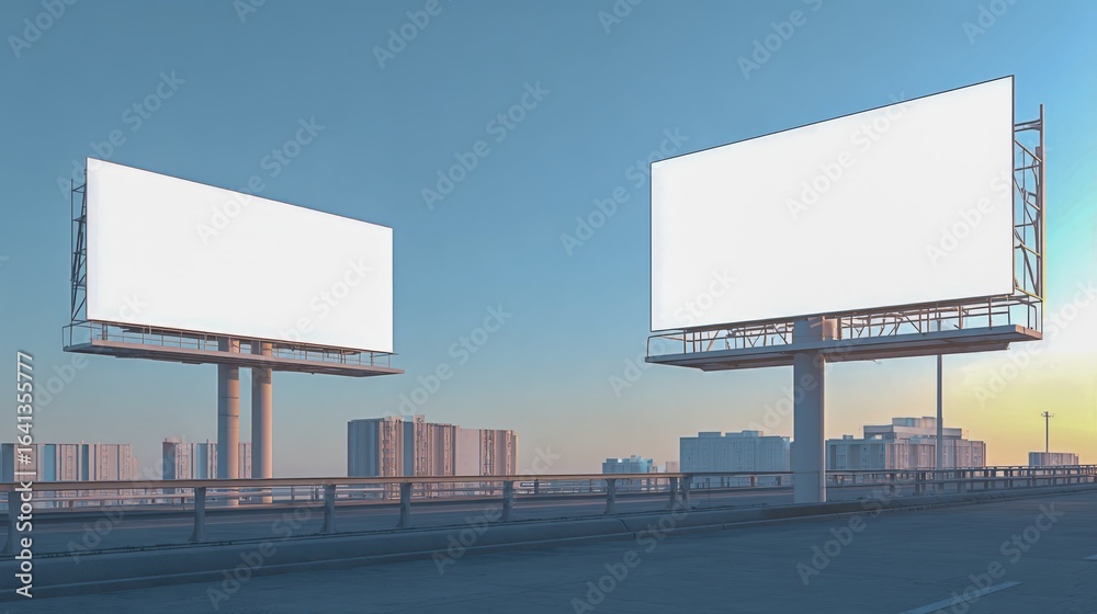 Fototapeta premium Two Large Blank Billboards Overlooking a Cityscape, Ideal for Advertising Mockups and Outdoor Campaigns