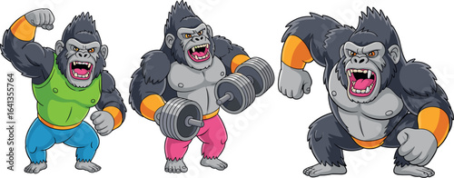 Cartoon gorillas in action poses, muscular characters, angry expressions, fighting stance, dumbbells, expressive animal art, fitness theme, wild strength