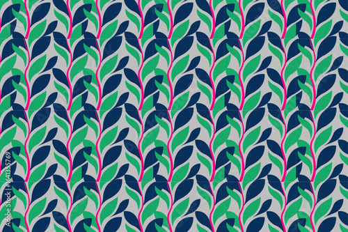 Abstract modern leaf pattern design with vibrant green, navy, and pink tones, ideal for contemporary wallpaper and fabric design.