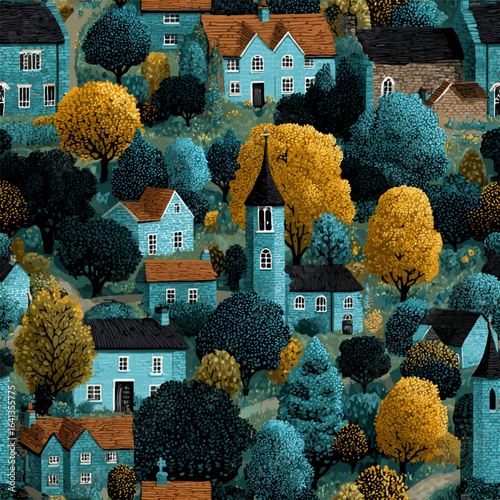 seamless pattern with houses, print with city and street. vector illustration for fabric, paper, wallpaper, original print