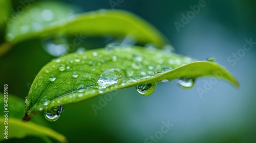 Leaf with Water Droplets Sparkling in Sunlight, Representing Freshness and Natural Beauty After Rain
