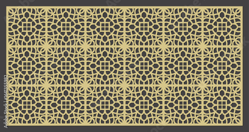 Intricate geometric pattern laser cut design, a decorative panel with repeating floral motifs and square elements vector