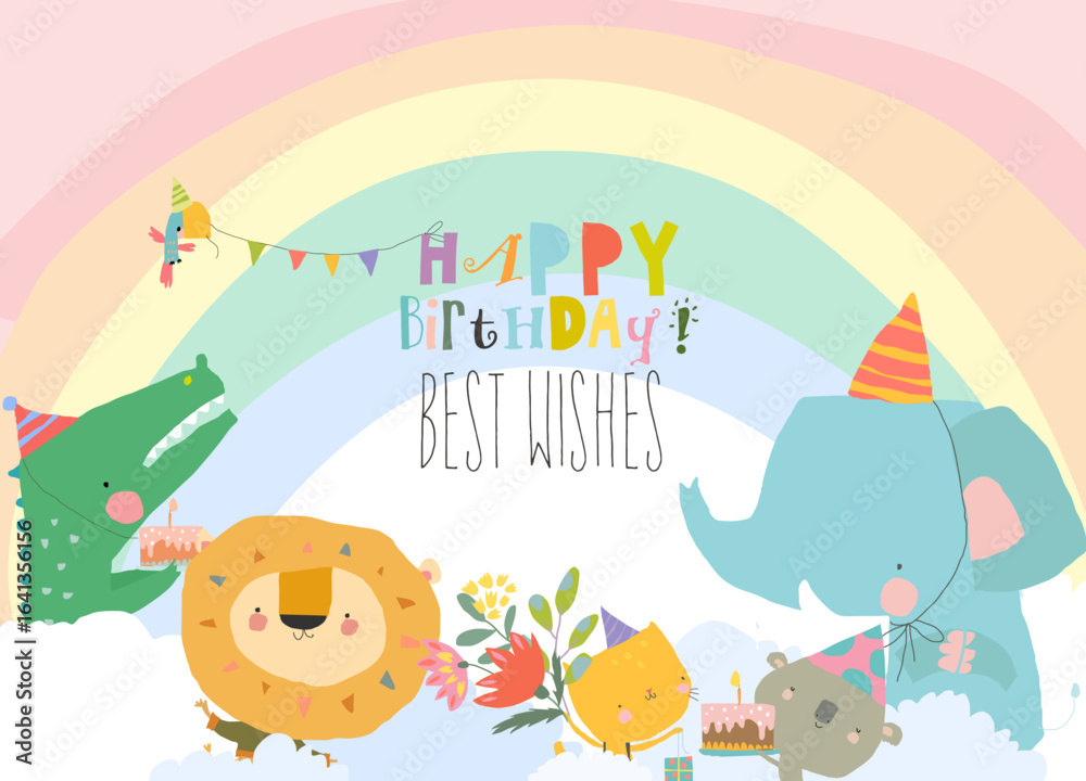 Fototapeta premium Cute Funny Animals celebrating Birthday
