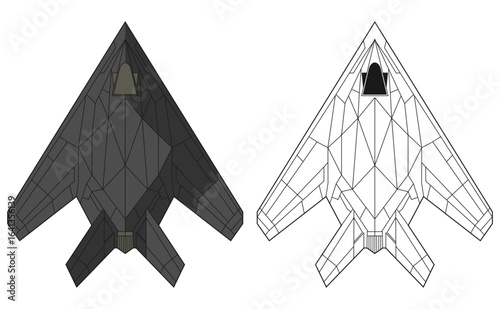 Set F-117 Nighthawk military aircraft design in line art and colored style from top view. Vector illustrations f117 colorful fighter jet. Outline drawing modern united states combat aircraft.
