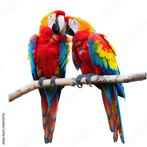 Scarlet Macaws cuddling on branch, jungle background, wildlife photography, for nature publications