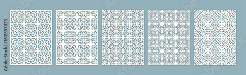 Collection of five vintage patterned tiles with intricate geometric designs in a light blue hue vector