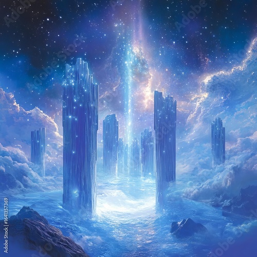 Celestial Cascade IX A magnificent cascade of starlight pouring over surreal floating monoliths grand and radiant