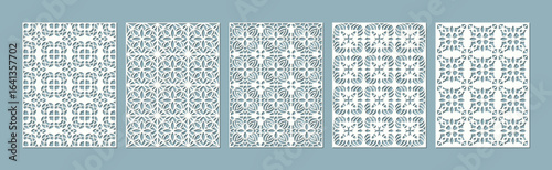Collection of five decorative panels with intricate white geometric patterns on a blue background vector