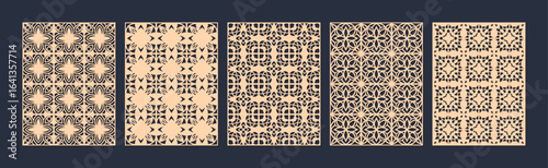 Collection of five distinct geometric patterns in beige and black, showcasing intricate designs vector