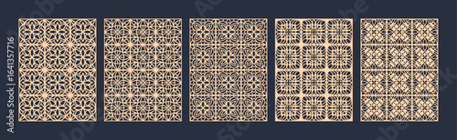 Collection of five intricate geometric patterns in beige and black, showcasing diverse designs vector