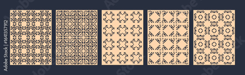 Five panels of beige and black geometric patterns in a repeating tile design vector