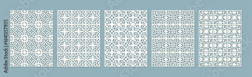 Collection of five intricate geometric patterns in a light blue and white color scheme vector