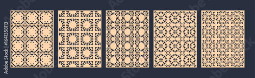 Collection of five different ornamental patterns in a beige and black color scheme vector