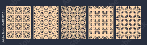 Five distinct abstract geometric patterns in beige and black, presented side by side vector
