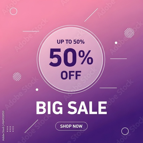 A sale advertisement with a purple gradient background. There is a circle with the text 