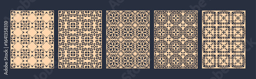 Collection of five intricate geometric patterns in beige and black, showcasing diverse designs vector